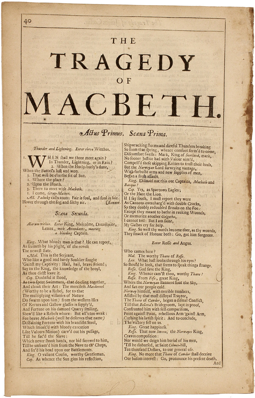 8 Novembre 1623 :  Découverte du Premier Folio : l'édition fondatrice de Macbeth