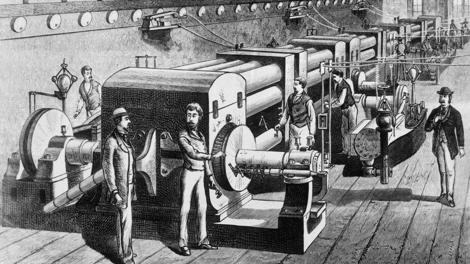 Illustration historique de la production et de la distribution d'électricité à l'époque de Thomas Edison