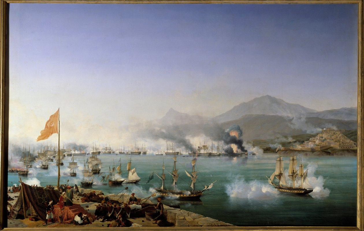 ギリシャ独立戦争：「View of Navarin's naval battle on 20/10/1827」 ナヴァリン湾（ピロス、ペロポネソス半島西部）で、オスマン帝国の艦隊とフランコ・アングロ・ロシアの艦隊との間で行われた。Ambroise Louis Garneray（1783-1857）による絵画 1831 Sun.1,79 x