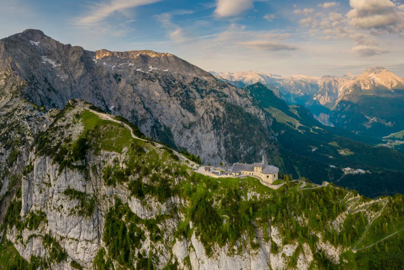 Aerial panorama of Berchtesgaden with Hitler's Eagle Nest, Mount Hoher Göll and Mount Kehlstein