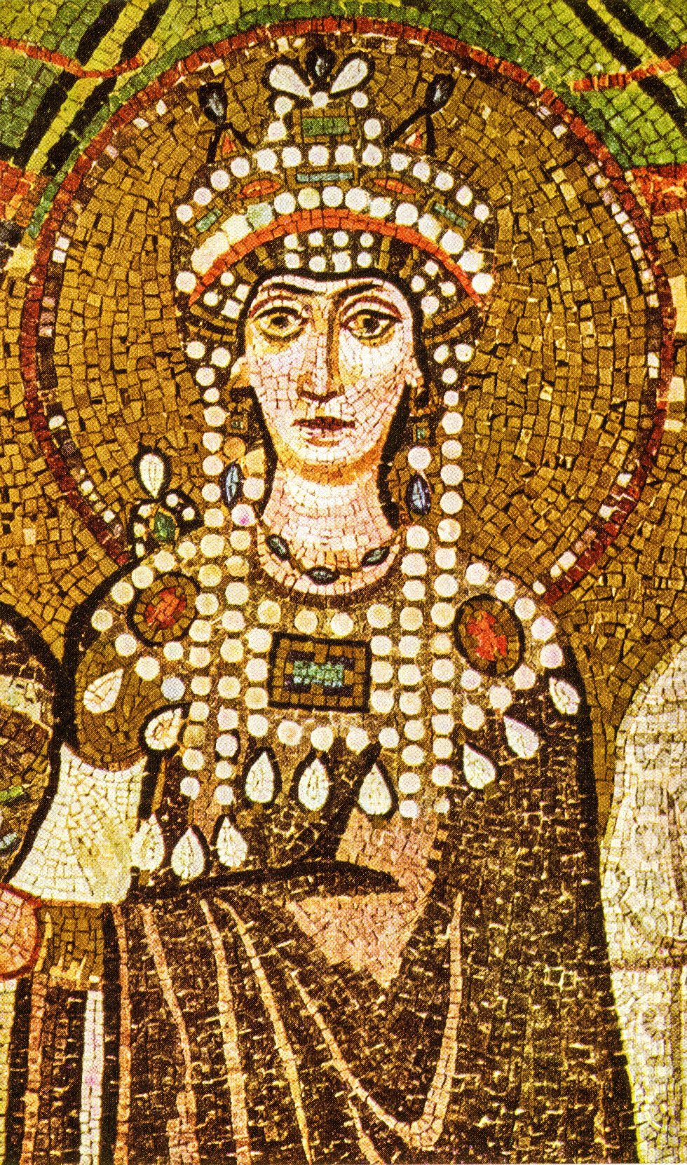 Détail du portrait de l’impératrice Théodora dans la mosaïque byzantine de San Vitale à Ravenne